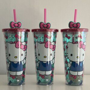 (Set of 3) Sanrio Hello Kitty 24oz Blue Outfit Plastic Tumbler W/ Pink Bow Straw